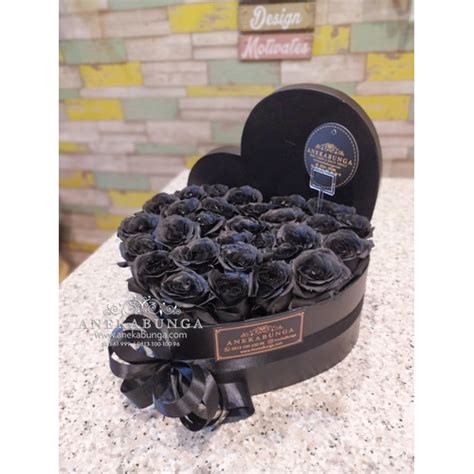 Jual Flower Box Love Bunga Hitam Mawar Asli Kotak Hati Fresh Black Rose