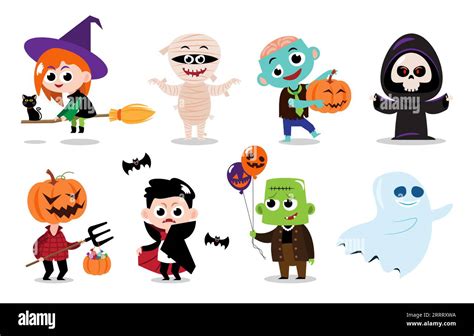 Cute Halloween Cartoon Characters White Isolated Background Vector