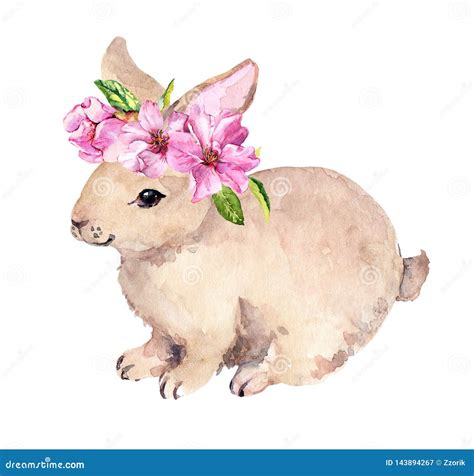 Cute Easter Bunny Floral Wreath With Pink Spring Flowers Watercolor