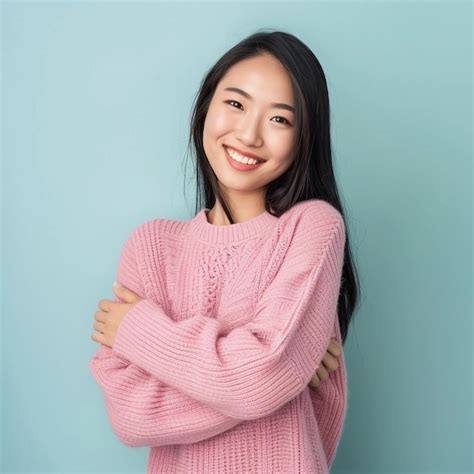 Premium Photo A Woman With Her Arms Crossed Wearing A Pink Sweater