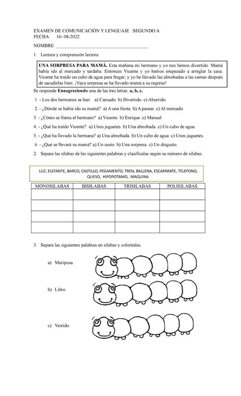 Examen Hoy Para Grado Segundo Examen De Comunicaci N Y Lenguaje