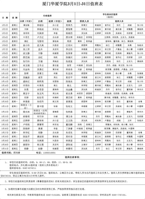 厦门华厦学院2023年3月1日 31日值班表 厦门华厦学院