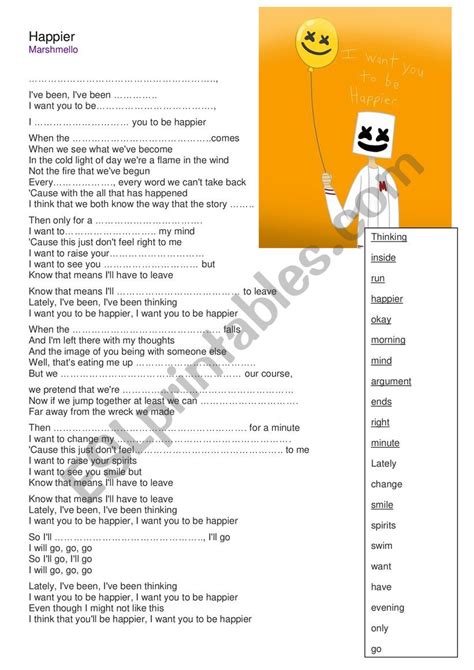 Song Happier By Marshmello Esl Worksheet By Nievesgomez