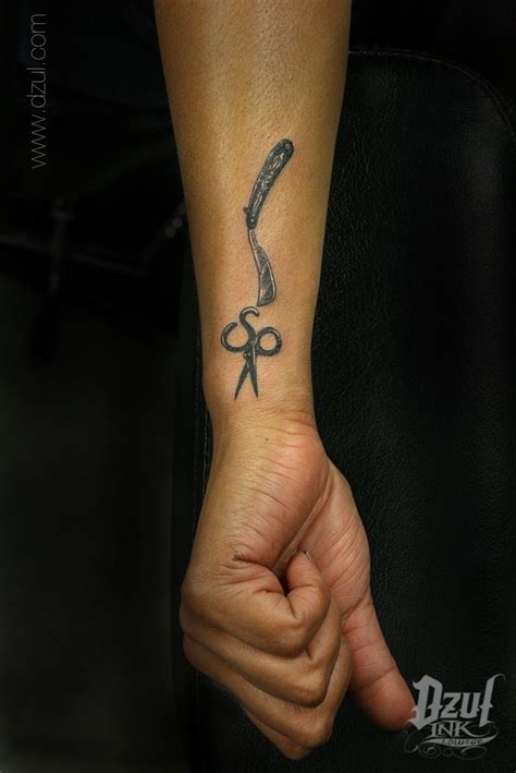 Hairdresser Barber Small Wrist Tattoo Black And Grey Scissors And Razor