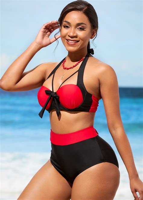 High Waisted Bowknot Color Block Bikini Set Rosewe USD 32 98