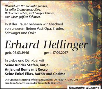 Traueranzeigen Von Erhard Hellinger Trauer Anzeigen De