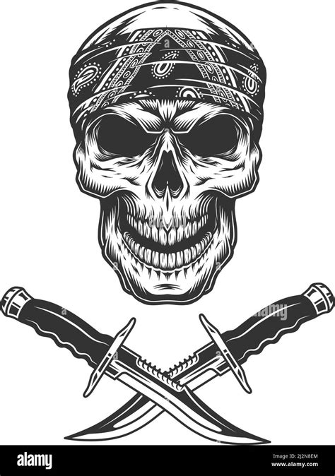 Vintage Monochrome Skull In Bandana And Crossed Knives Isolated Vector