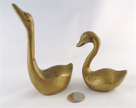 Pair Of Vintage Solid Brass Swan Figurines Mid Century Brass Etsy