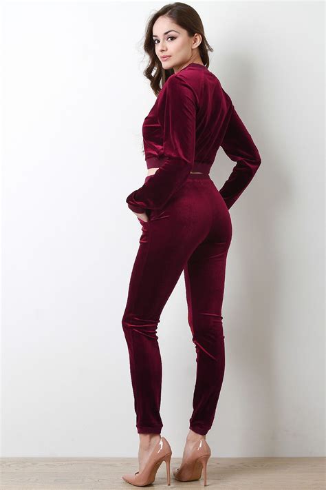 Velvet Zip Up Two Piece Tracksuit Set Urbanog In 2020 Tracksuit Set Tracksuit Fashion