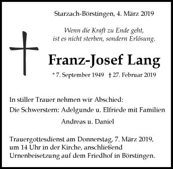 Traueranzeigen Von Franz Josef Lang Schwarzw Lder Bote Trauer