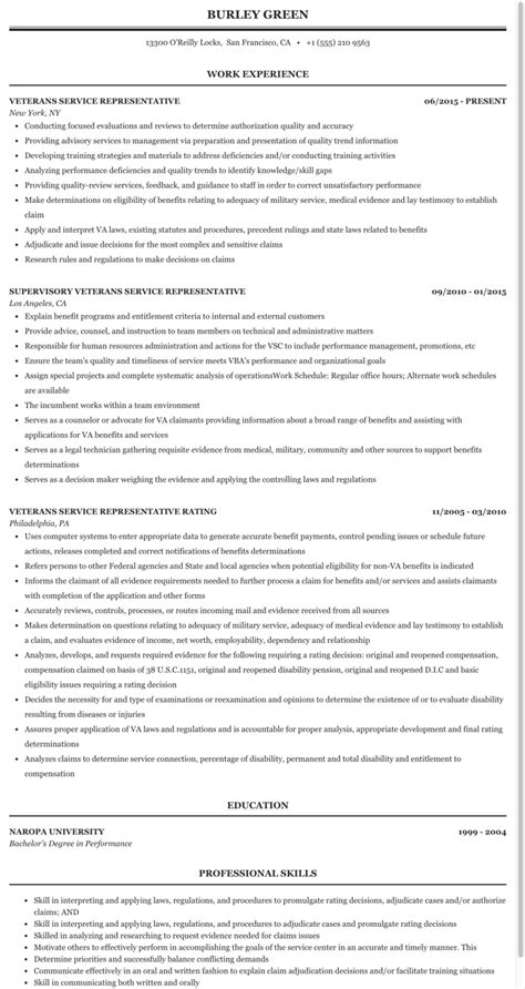 Veterans Service Representative Resume