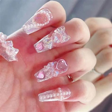 Clear Light Pink Glitter Bowtie Press On Nails Pink Glitter Etsy