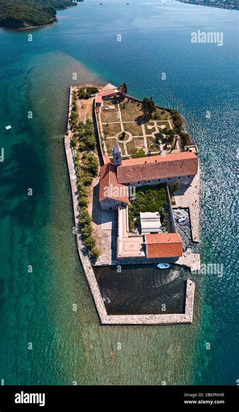 Aerial view of the island of Notre Dame de la Miséricorde monastery in