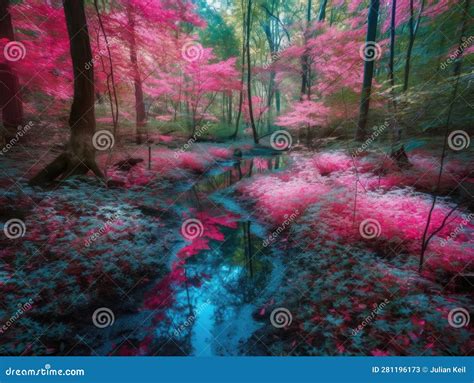 Dreamlike Forest Glade With Neon Pink And Blue Hues Stock Illustration