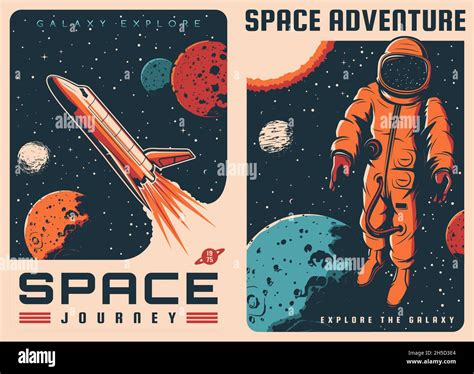 Spaceship And Astronaut In Outer Space Retro Posters Vector Vintage