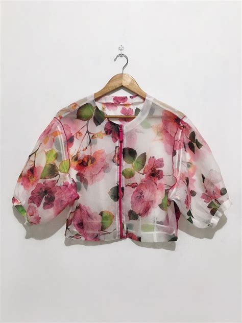 Floral Print Semi Crop Puffed Sleeve Zip Up Sheer Blouse Womens