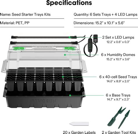 VIVOSUN 6 Pack Seed Starter Trays 240 Cell Seed Starter Kit W 2 Pcs