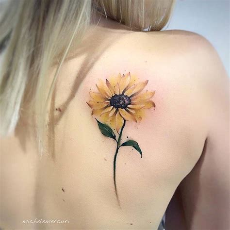 Watercolor Sunflower Tattoo On The Right Shoulder