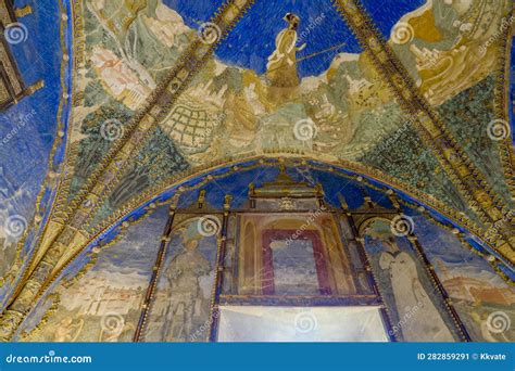 Blue Painted Ceiling Interior Of The Castle Torrechiara In Langhirano