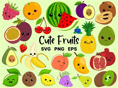 Cute Fruits Svg Clipart Kawaii Fruits Png Bundle Vector Files Decor