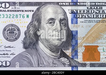 Detail Of Benjamin Franklin On The 100 Dollar Bill Stock Photo Alamy