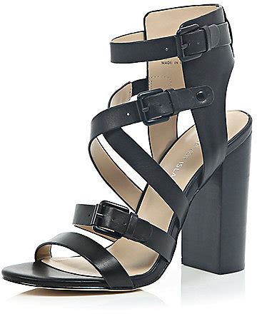 River Island Black Leather Strappy Block Heel Sandals River