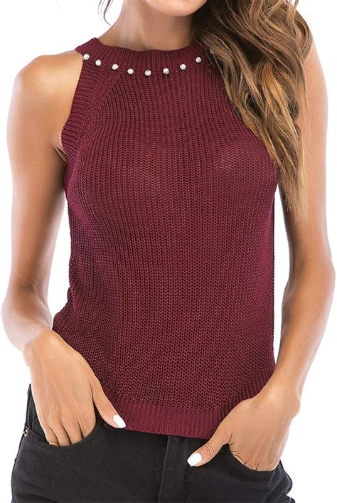 Qwerd Damen Strickshirt Tunika Tops Sommer Neckholder Ärmellos