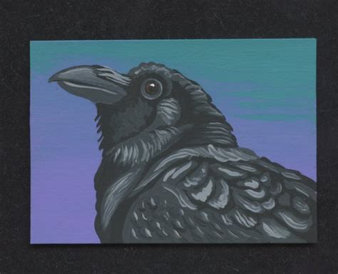 Aceo Atc Original Miniature Painting Crow Raven Bird Wildlife Art Carla