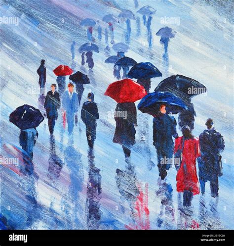 Acrylic Painting Of People Walking In The Rain With Umbrellas Stock