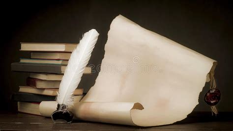 Scroll Of Old Paper For Background Old Books Inkwell And Pen Stock