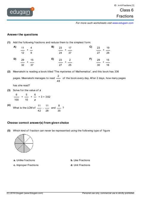 Grade 6 Math Worksheets and Problems: Fractions | Edugain USA