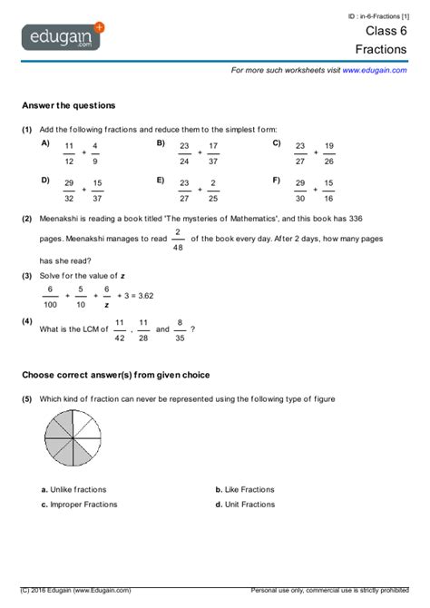 Fractions Worksheets Grade With Answers