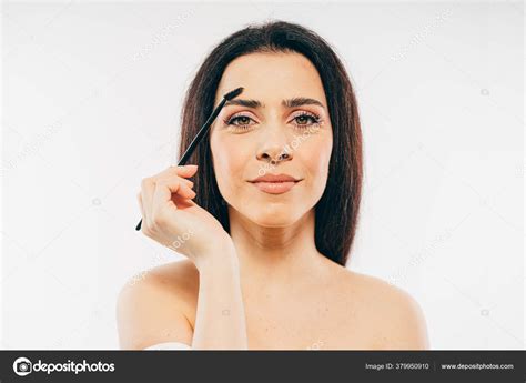 Beautiful Brunette Woman Model Fresh Skin Long Hair Using Make Stock Photo Digitalgenetics
