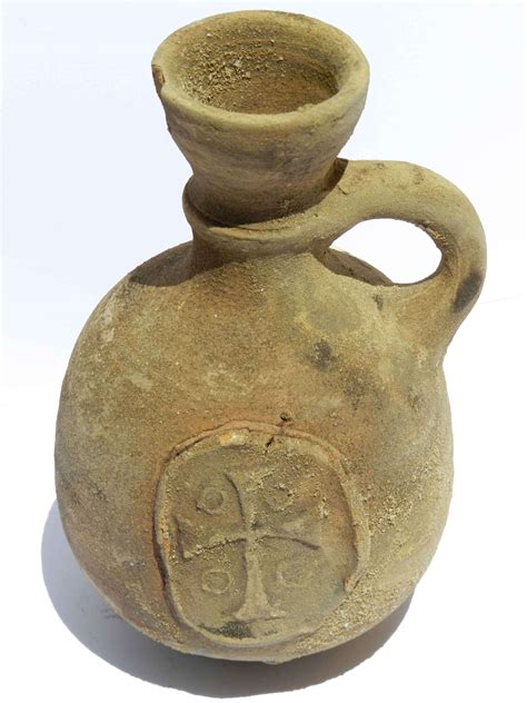 Biblical Ancient Terracotta Holy Land Pottery Jug Clay Christian Cross