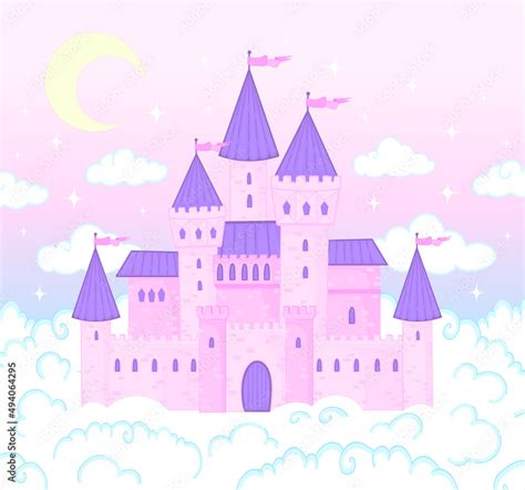 Magic castle. Cartoon castle in pink clouds. Magic land, fairytale ...