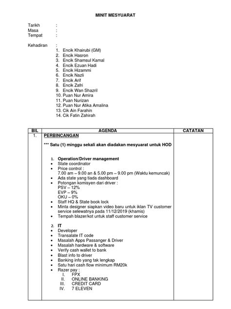 minit mesyuarat sample