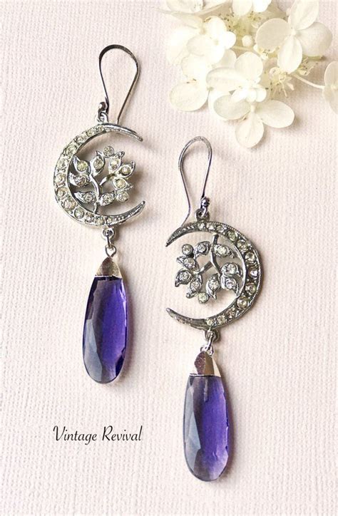 Crescent Moon Earrings With Amethyst Drops Crescent Shape Crescent Moon Earrings Vintage