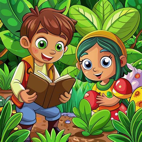 Un niño y una niña de dibujos animados leyendo un libro en un jardín