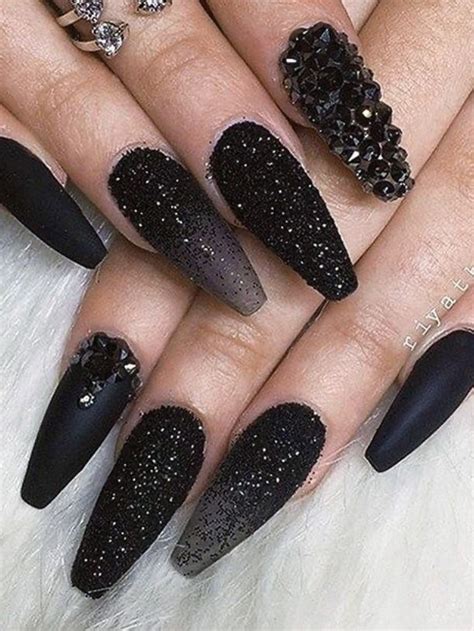 Beautiful Black Matte Nails Glitter Black Nails And Black Crystal Nails Design