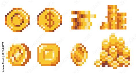 Golden coins pixel art set. Medals, treasure reward, stack of money ...