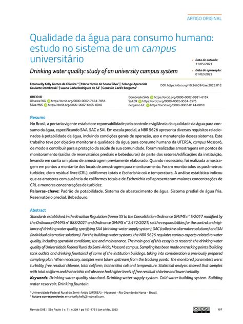 PDF Qualidade da água para consumo humano estudo no sistema de um