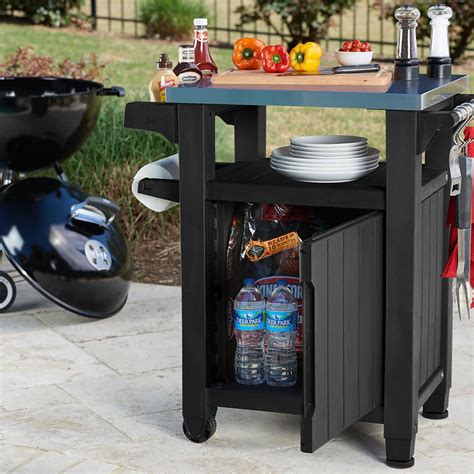 Keter Unity Outdoor Grill Prep And Serving Table 40g Patio Storage Bar Cart With Stainless Steel