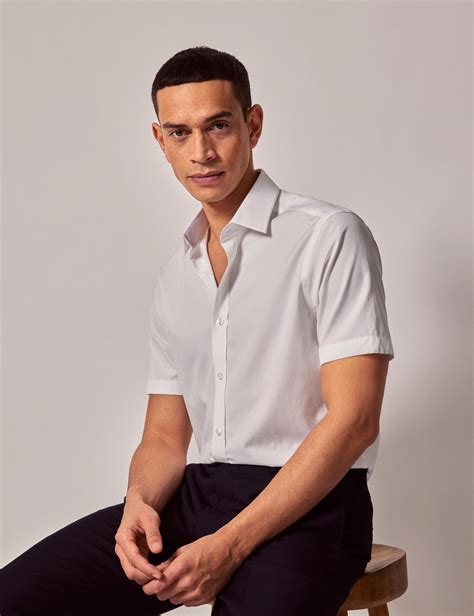 Mens White Poplin Slim Shirt Short Sleeve Hawes And Curtis