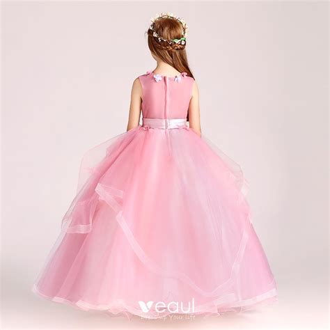 Chic Beautiful Candy Pink Flower Girl Dresses 2017 Ball Gown V Neck Sleeveless Appliques