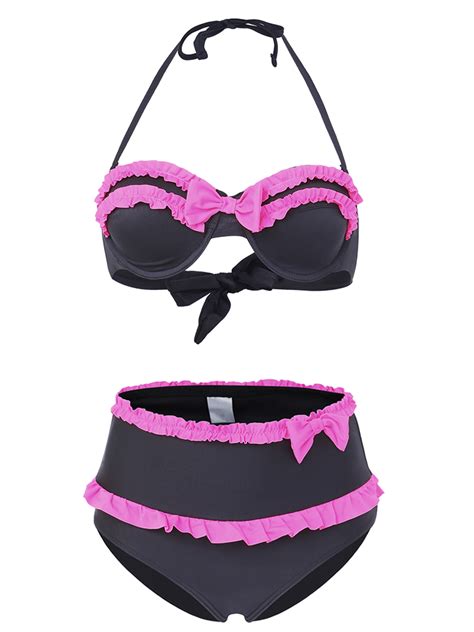 Black High Waist Swimwear Neon Rose Ruffles And Bows Bikini Set Us 34 29