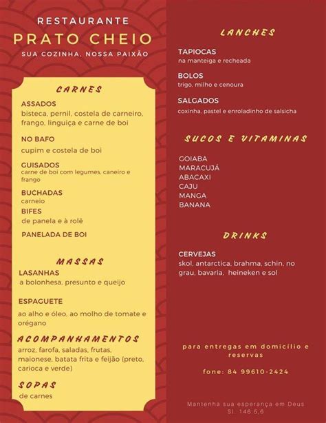 Menu Em Restaurante Prato Cheio Brasil Rn