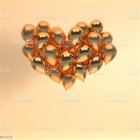 Gold Glossy Shiny Balloons Heart Shape On Pastel Beige Background With