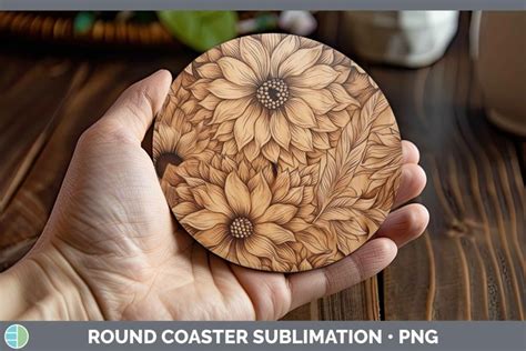 Wood Burned Flowers Dahlia Round Coaster Sublimation Coaster