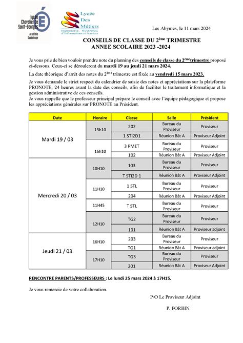 Planning du conseil de classe du 2ème trimestre LPO Chevalier de