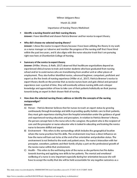 Nr Week Importance Of Nursing Theory Worksheet Solution